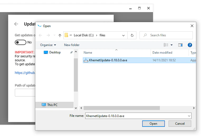 Browse file dialog for selecting update file