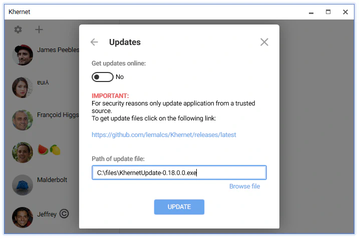 Update process confirmation button